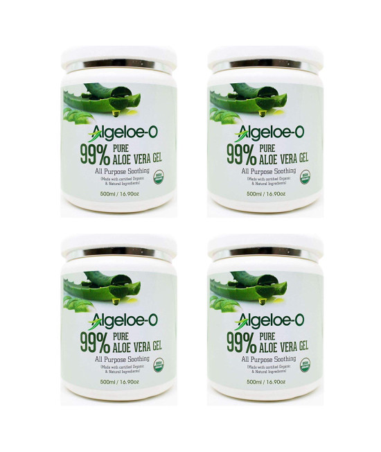 Algeloe-O  Organic Aloe Vera Gel 99% , 500ml/16.9oz. Pack Of 4